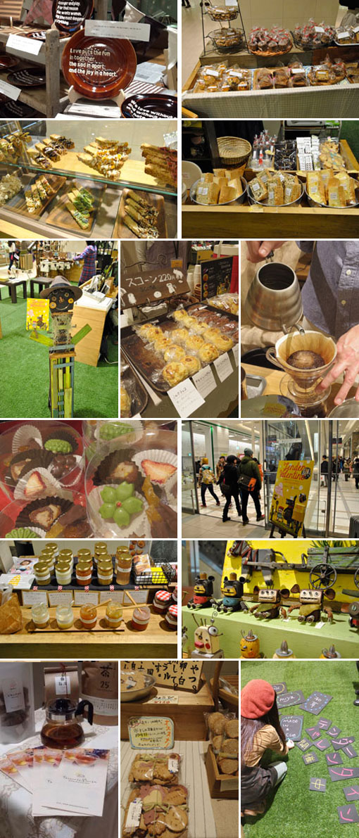 （左上より）『JOICE ON THE TABLE』：男子学生も立ち止まって見ていたチョコレート色のプレート／『Café Lequeux』：スウィート＆ビターな生チョコブラウニーは中からチョコがとろ～り／『BLANC』：初お目見えのグラノーラバーは7種類が新発売！／『spoonful』：大人気のシフォンケーキは売切れで手に入らなかった人も...／会場に立つ、イベント宣伝部長のクッ木（大）／『オオカミの口』：ファン多し。"家庭でおいしく食べれるレシピ"付のスコーンは種類も豊富／『Petani coffee』：最初から最後まで、ドリップで一杯ずつ丁寧に／『お茶菓子+手しごと 和草』：季節の果物や木の実を使った「いろのみ きのみ」／1階にもポスターが！結構、道行く人の目を引いてました(^^)／『kotokoto kitchen』：生姜ジャムの味比べ。ちなみにメイドインスタッフは「ラムレーズン＋生姜」「塩キャラメル＋生姜」を購入～／『9cue』：カカオの木の住人「チョコざる」他、この日のために集った精鋭たち／『teahouse miya』：「びじんブレンド」「じかんブレンド」「だんじブレンド」等、オリジナルハーブティの試飲でほっこり／『和み菓子屋 市松』：いろんな味が味わえる「いろいろ つめあわせ」はギッシリ入って500円／追加のイベントポップを手描き中～